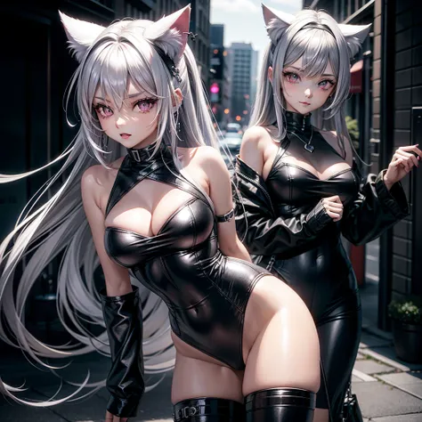 Silver hair, pink eyes, body, cat ears, sexy girl, earring charms, sky background 