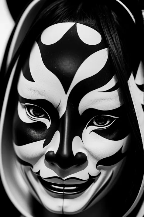 Japanese woman holding hannya mask in black and white with lots of detail, well-marked lights and shadows, managing visual impact 