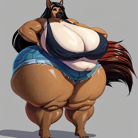 German Shepherd, female, long hair, huge breasts, huge hips, huge thighs, plump, voluptuous, obese, tank top,shorts, simple background, barefoot,fat arms, fat legs, belly rolls,messy hair , wide body, corpulent , massive breasts, massive breasts, massive t...