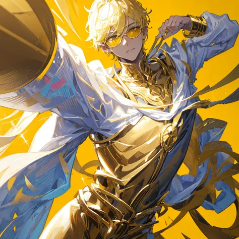 A male god，short hair，Gold and white shades，((Pure yellow background))