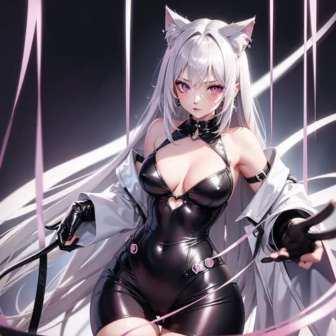 Silver hair, pink eyes, body, cat ears, sexy girl, earrings, heart background fantasy 