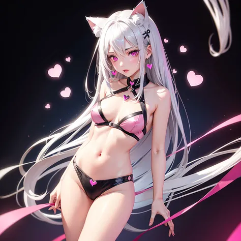 Silver hair, pink eyes, body, cat ears, sexy girl, earrings, heart background fantasy 