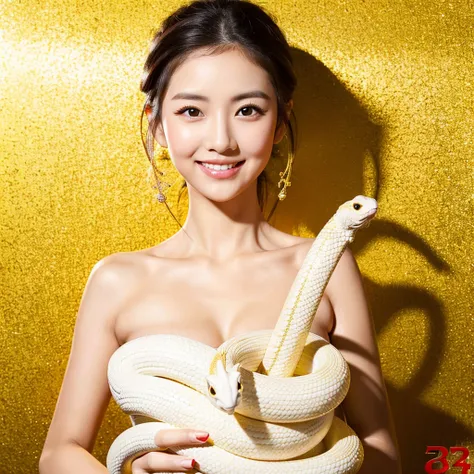  Looking straight ahead and smiling, Holding a large white snake in both hands, Gold Background, Ultra HD、32ｋ、Masterpiece、One Girl、Japanese Model,  clavicle, RAW Photo、Big-eyed girl in a red dress、Long face, Professional Lighting、