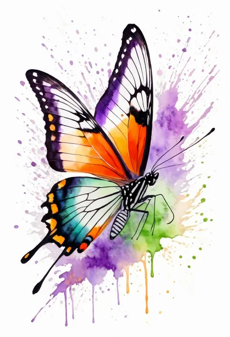 watercolor paint of a butterfly details of colors purple ,orange  and green pastels colors watercolor splash behind ,white background