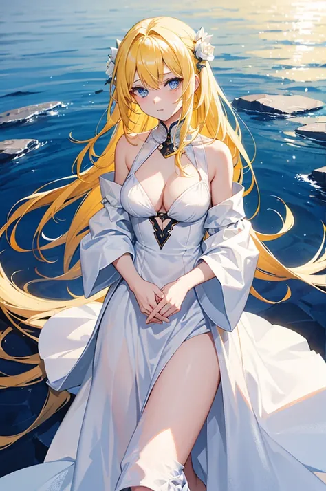 yellow hair, Blue Eyes, long hair, Adult Female , white dress, D cup