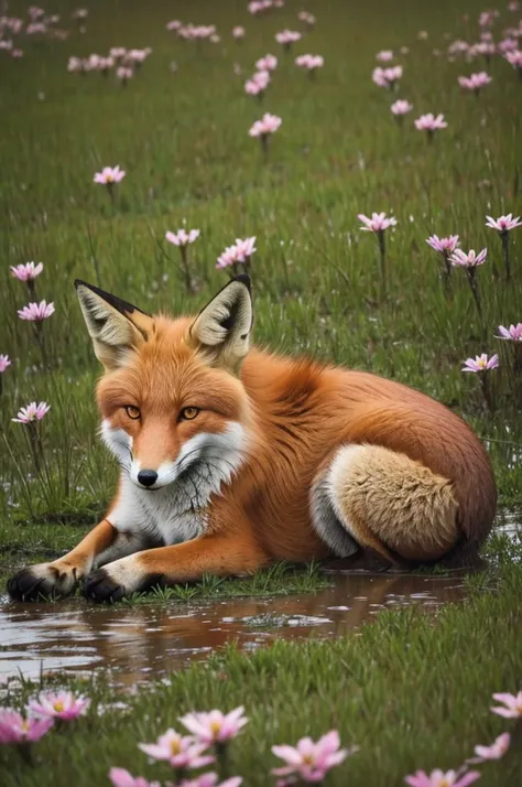 Draw a sad fox lying in the muddy grass., around many flowers, and a relaxing rain 