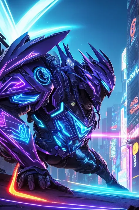 A mythical urso ninja stands poised in a neon-lit, dystopian metropolis, rendered in stunning 4K resolution, blending ancient legend with futuristic cyberpunk flair. The ninjas ornate, high-tech armor glows with a mesmerizing iridescent sheen, as intricate...