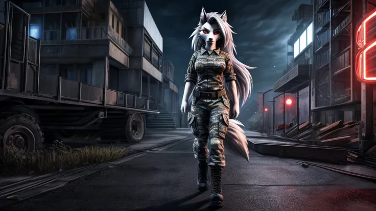 loona from helluva boss, female white wolf, anthro, white hair, grey eyes, white camo military shirt, cargo white camo military ...