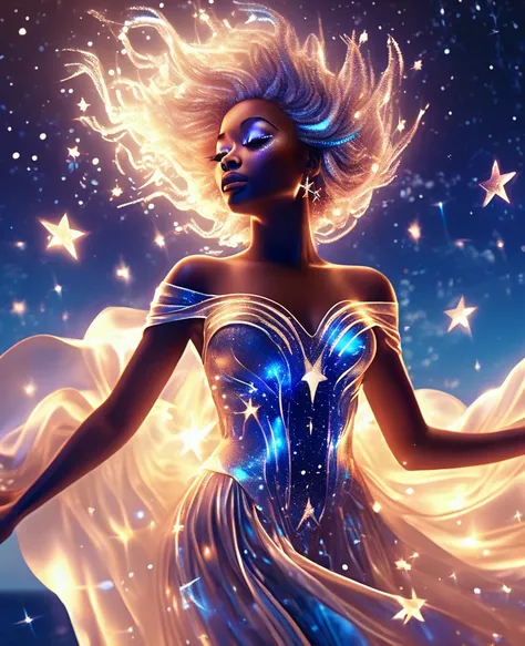 A luminous black woman formed entirely of radiant, twinkling stars, suspended in the celestial expanse, draped in a flowing, ethereal gown that undulates with a life of its own. Her transparent, starry body glimmers with an otherworldly light, as if she is...