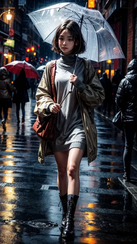 a girl holding an umbrella walking home in the rain, puddles, frogs and snails, detailed portrait, intricate clothing folds, glo...