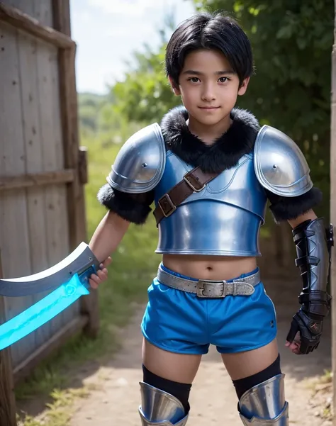 Young 13-year-old boy with black hair and brown eyes, innocent and happy, dressed in short neon-blue medieval barbarian clothes, fur shorts, light-blue battle armor, weilding silver sword and shield, sandals; fullbody; short hair, boyish athletic, sexy,