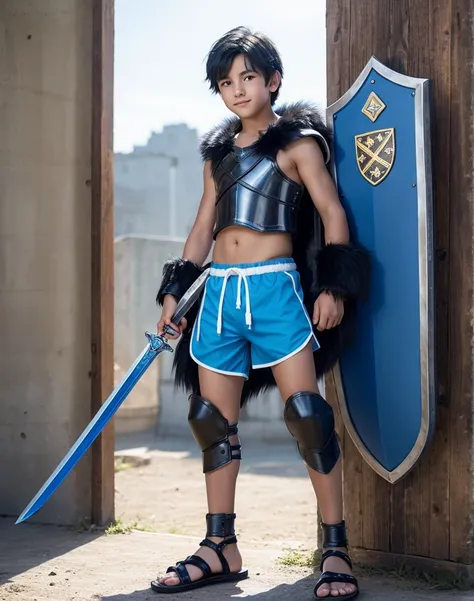 Young 13-year-old boy with black hair and brown eyes, innocent and happy, dressed in short neon-blue medieval barbarian clothes, fur shorts, light-blue battle armor, weilding silver sword and shield, sandals; fullbody; short hair, boyish athletic, sexy,