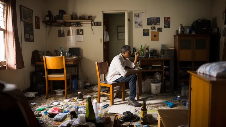 A man in his 50s is worried, sitting on a chair in his room, there are beer bottles on the table, the room is a mess.