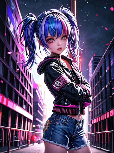 (represent :1.2),  background, cyber punk background, cyber punk, get out of a sports car, neon照明効果, neon lighting effect, line neon,1 Girl, night, Blurred Background, Brown eyes, cowboy, Denim jacket, Depth of written boundary, Put your hands in your pock...