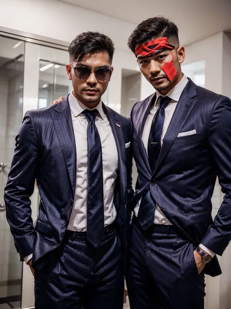 (Two men), (Non Women and female), (40ys asian handsome high fade hair hot gay men), in shiny pinstripes stripes sharp suit with silk tie, 8K, Ultra HD