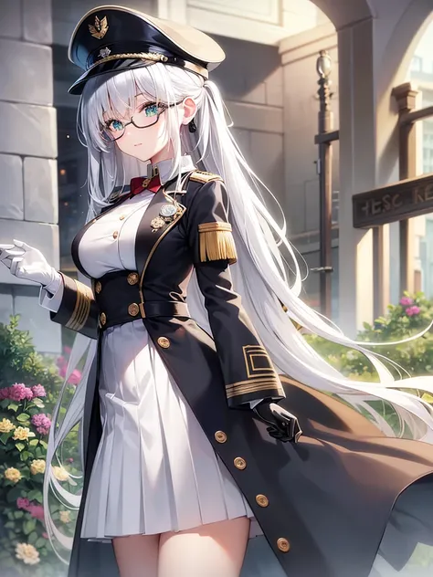 masterpiece, best quality, beautiful girl, white hair, green eyes color, dark blue military uniform, mature_female, eye_glasses, white gloves, anime, dark blue military hat, very_long_hair, perfect body, red ribbon, commander, science_fiction, black knee-h...