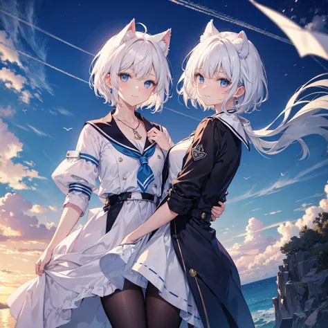 White Hair　blue eyes　short hair　Have　student　Cat ear　nice　Blue Earrings　necklace　gloves　beauty　thin　Sailor suit　Put on a black coat　Fantasy　smile　coastal　sunset　Fluffy hair