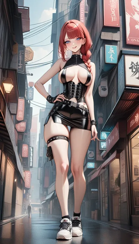 1girl, very tall, thin, (masterpiece, best quality:1.5), (photorealistic:1.3), very aesthetic, absurdres, full body, redhead, large braided ponytail, happy face, diagonal bangs, gradient blue eye, corset, sideboob, miniskirt, side slit, punk belt, sneakers...