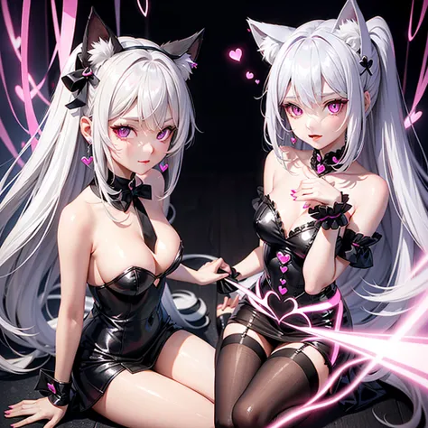 Silver hair, pink eyes, dress, cat ears, sexy girl, earrings, heart background fantasy 