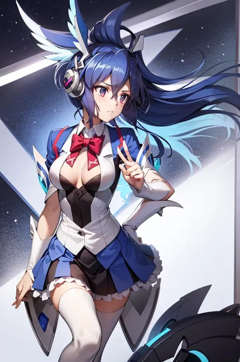 highest quality, masterpiece, the wind whistles　wing, symphogear, big breasts, uniform, blazer, blue hair,