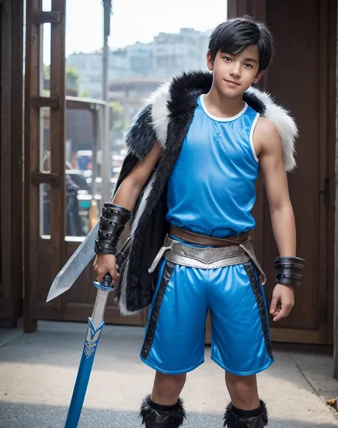 Young 13-year-old boy with black hair and brown eyes, innocent and happy, dressed in short neon-blue medieval barbarian clothes, fur shorts, light-blue battle armor, weilding silver sword and shield, sandals; fullbody; short hair, boyish athletic, sexy,