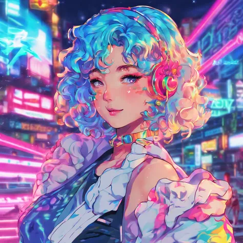 ((higher quality picture)), Japanese girl, beautiful girl, clear, cool, softly smiling, blue hair, natural Curly Hair, fashion model, simple dress, ((Japanese anime style1.8))