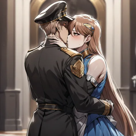 ((Highest quality)), ((masterpiece)), (detailed), （Perfect Face）、The woman is Princess Leona, with medium-long light brown hair, and is wearing a sexy black military uniform and cap for women. In a luxurious room, she is embraced by a strong, dignified, ol...