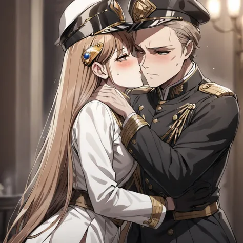 ((Highest quality)), ((masterpiece)), (detailed), （Perfect Face）、The woman is Princess Leona, with medium-long light brown hair, and is wearing a sexy black military uniform and cap for women. In a luxurious room, she is embraced by a strong, dignified, ol...