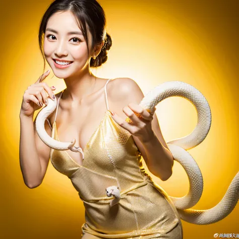  Looking straight ahead and smiling, Holding a large white snake in both hands, Gold Background, Ultra HD、128ｋ、Masterpiece、One Girl、Japanese Model,  clavicle, RAW Photo、Big-eyed girl in a red dress、Long face, Professional Lighting、Perfect number of hands a...