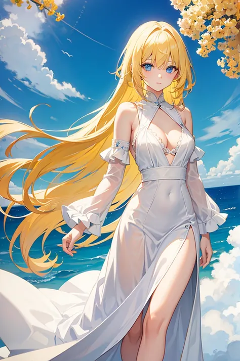 yellow hair, Blue Eyes, long hair, Adult Female , white dress, D cup