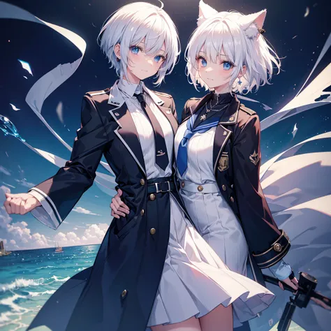 White Hair　blue eyes　short hair　Have　student　Cat ear　nice　Blue Earrings　necklace　gloves　beauty　thin　Sailor suit　Put on a black coat　Fantasy　smile　coastal　sunset　Fluffy hair