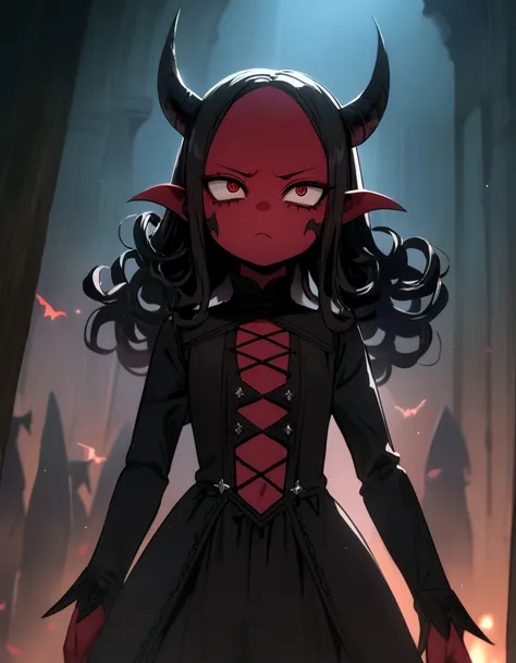 expressive eyes, make the anime character into a cute femboy demon with red skin and horns and black curly black with a short body to and slim gothic clothes