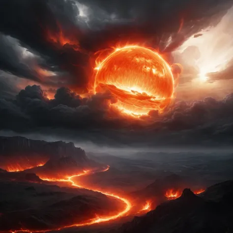 A dramatic, high-contrast depiction of the fiery sphere in the sky and landscape, with intense light and shadow effects and a sense of grandeur.