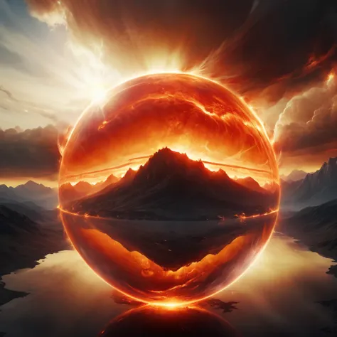 A dramatic, high-contrast depiction of the fiery sphere in the sky and landscape, with intense light and shadow effects and a sense of grandeur.