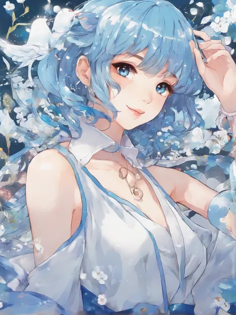 ((higher quality picture)), Japanese girl, beautiful girl, clear, cool, softly smiling, blue hair, natural Curly Hair, fashion model, simple dress, ((Japanese anime style1.8))