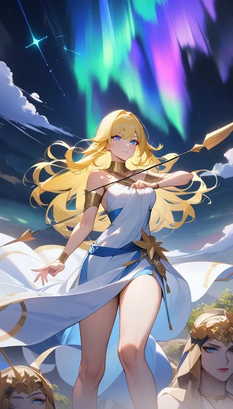 （Huang Li、high quality、Extremely detailed），Constellation-Sagittarius Goddess，Huge bow，Woman shooting arrows，Similar to Latin goodness，brave，capricious，Productivity，The face of enterprising and humanitarianism，Long yellow hair，Ancient Greek costumes、Wrap Dr...