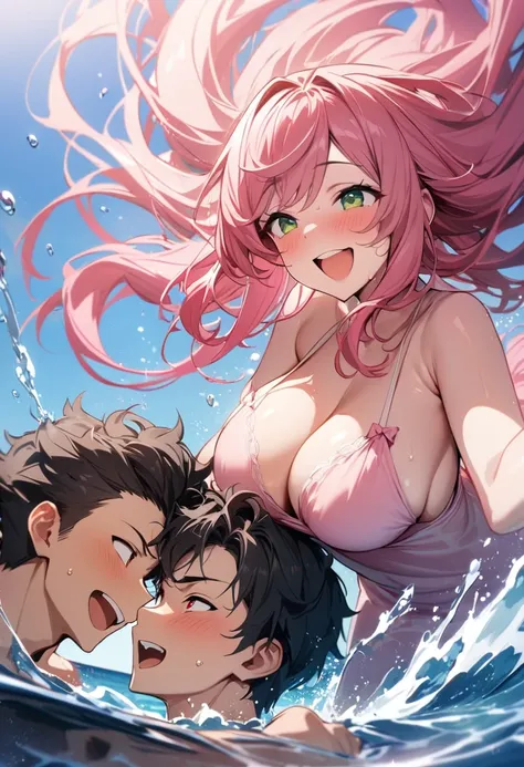 (couple), girl and boy, splashing each other in the ocean, laughing, rich in detail, competitive, happy expression, love, wide angle, 1girl, (((masterpiece, best quality, aesthetic, heavenly))), ((girl with red eyes, vibrant pink long hair)), (intimate), 1...