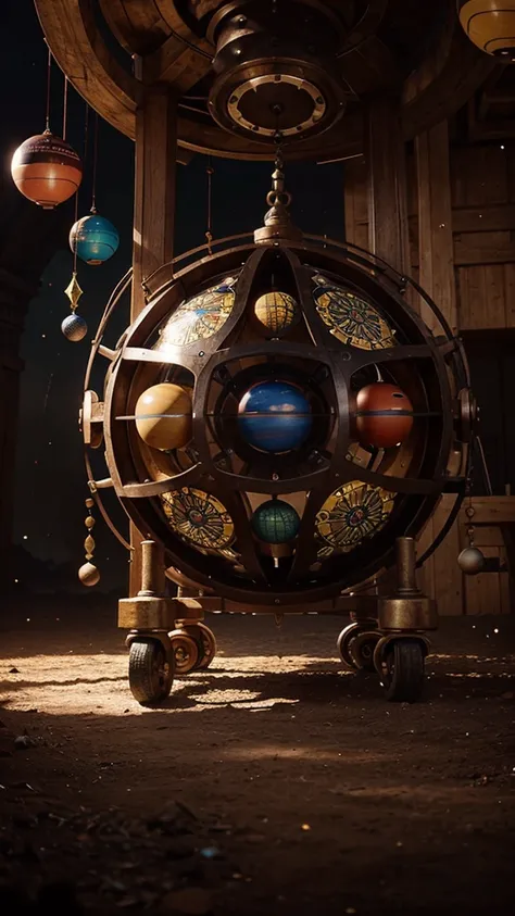 a large intimidating wheel, colorful spheres surrounding it, each sphere representing a different powerful element, detailed, cinematic lighting, dramatic, epic, fantasy, magical, intricate, highly detailed