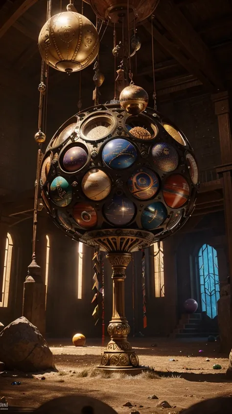 a large intimidating wheel, colorful spheres surrounding it, each sphere representing a different powerful element, detailed, cinematic lighting, dramatic, epic, fantasy, magical, intricate, highly detailed