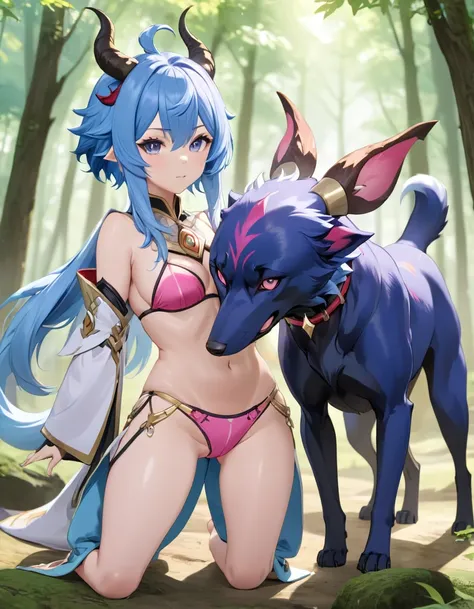 full body, cum, vaginal, sex, horned humanoid, horn, ganyu (genshin impact), female/ambiguous, female, duo, clothing, blue hair, pink panties, forest, doggystyle, rifthound (genshin impact), bestiality, 