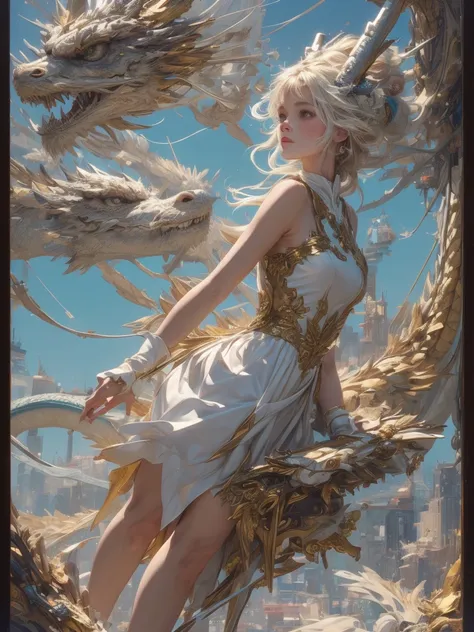 masterpiece, best quality, ultra high res, epic action and dynamic pose, in the style of opaque resin panels, precisionist, ivory, magical girl symbolism, close-up, elaborate borders, surrealistic assemblage,  Dragon and girl, 