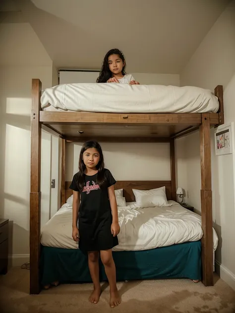 12 year old girl standing in a bed on bedroom distant photo