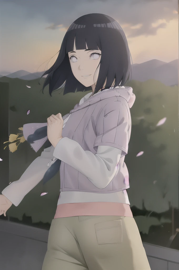 masterpiece, absurdres , (intricate details), (colorful),cinematic lighting,extremely detailed CG unity 8k wallpaper ,hinata(boruto), 1girl, solo, purple hoodie ,brown pants,  from behind,layered sleeves, cowboy shot,  looking back, looking at viewer,smile...