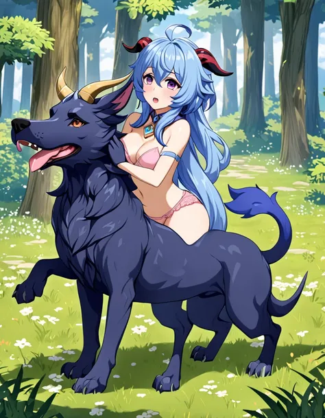 full body, cum, vaginal, sex, horned humanoid, horn, ganyu (genshin impact), female/ambiguous, female, duo, clothing, blue hair, pink panties, forest, doggystyle, rifthound (genshin impact), bestiality, 