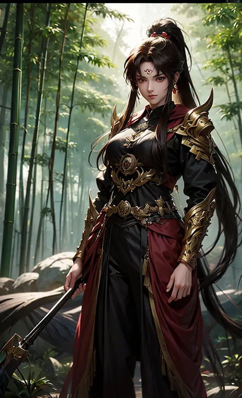 anime character with brown hair and glowing eyes in front of a bamboo forest background, petty boy art, epic fantasy art style, badass anime 8 k, epic fantasy digital art style, detailed digital anime art, ponytail , epic fantasy art style hd, fierce expre...