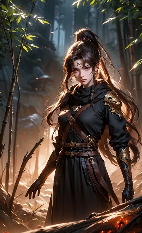 anime character with brown hair and glowing eyes in front of a bamboo forest background, petty boy art, epic fantasy art style, badass anime 8 k, epic fantasy digital art style, detailed digital anime art, ponytail , epic fantasy art style hd, fierce expre...