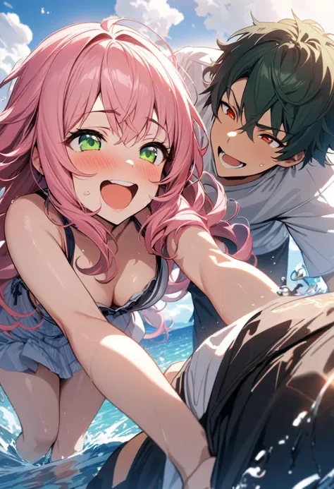 (couple), girl and boy, in the ocean, water fight, laughing, rich in detail, competitive, happy expression, love, wide angle, 1girl, (((masterpiece, best quality, aesthetic, heavenly))), ((girl with red eyes, vibrant pink long hair)), (intimate), 1boy, ((b...