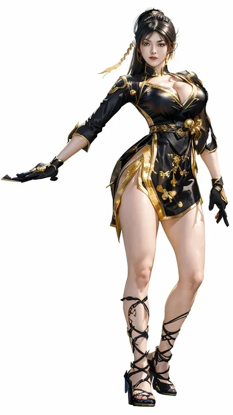 A woman in black, Full body fairy, chun li, Chun-Li, chun - li, Inspired by Pu Hua, Dead or Alive 6, Bayonetta, As a character in Tekken, Inspired by Yang Jin, Fighting Game Characters, Meinoichi, Gold plated black, Moon Themed Clothing