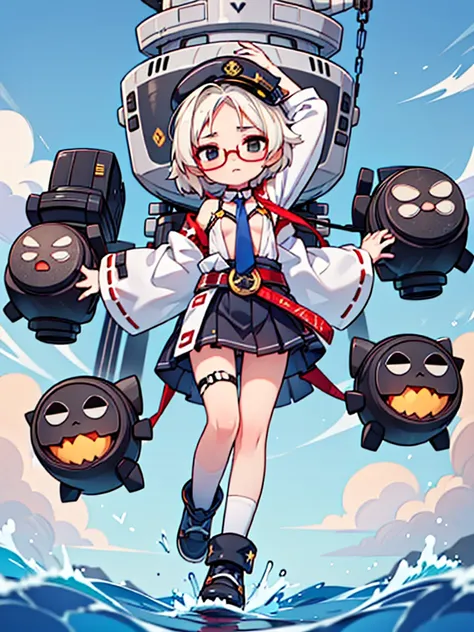 ((((Full body of a woman with perfect flat chest、solo、Short unkempt black hair、Tie your messy hair at the nape of your neck、white military jacket、Miko costume、tights、Black glasses、White military cap、Cloudy black eyes、Sleepy expression)))), (((masterpiece))...