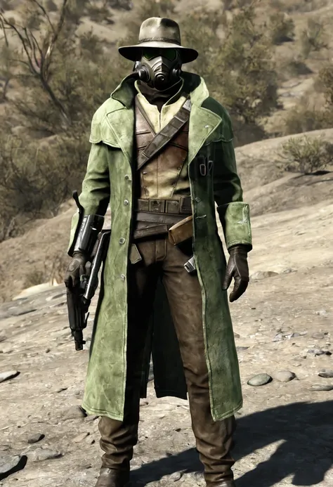 male, ncr ranger, no helmet, holding colt army revolver